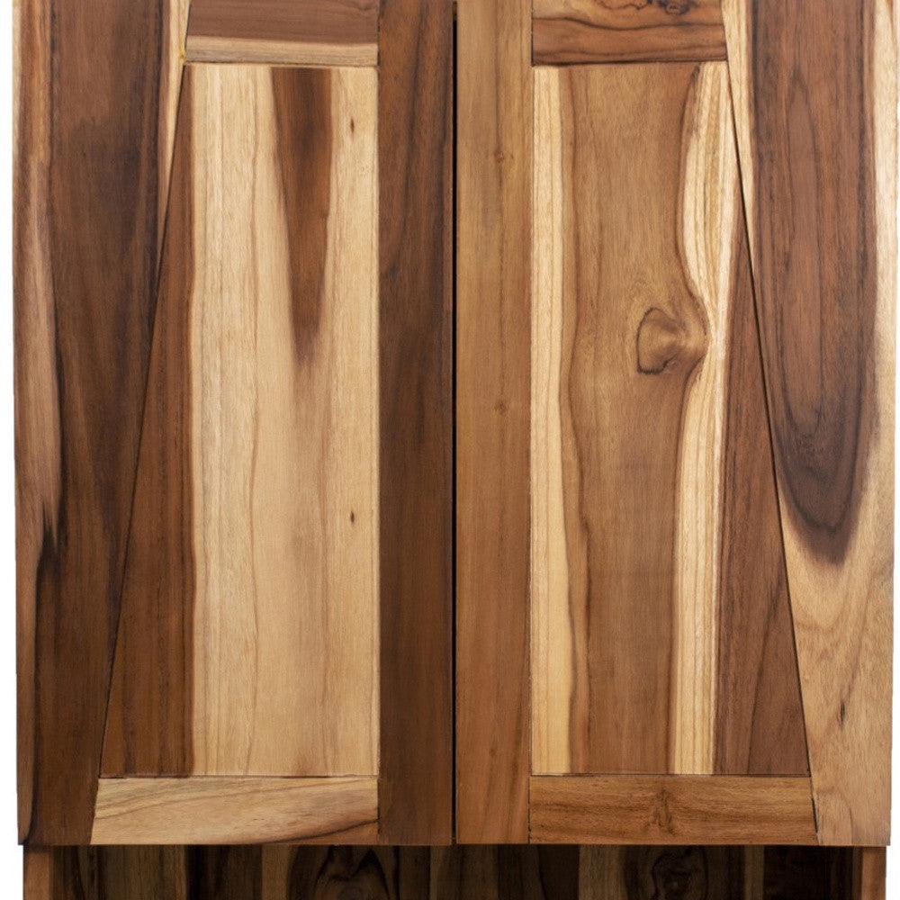 Teak wood cabinet door fronts with natural grain and vertical panel seams