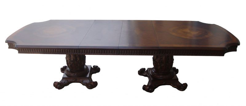 136" Brown Solid Wood And Solid Manufactured Wood Double Pedestal Base Dining Table - Kitchen & Dining