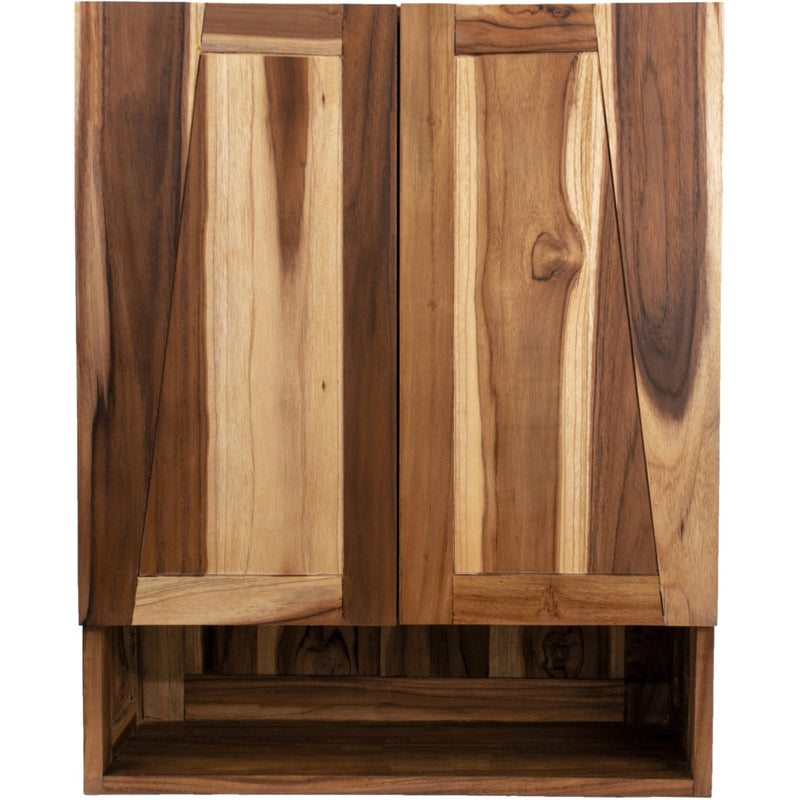 Teak wood wall cabinet with paneled double doors and open bottom compartment