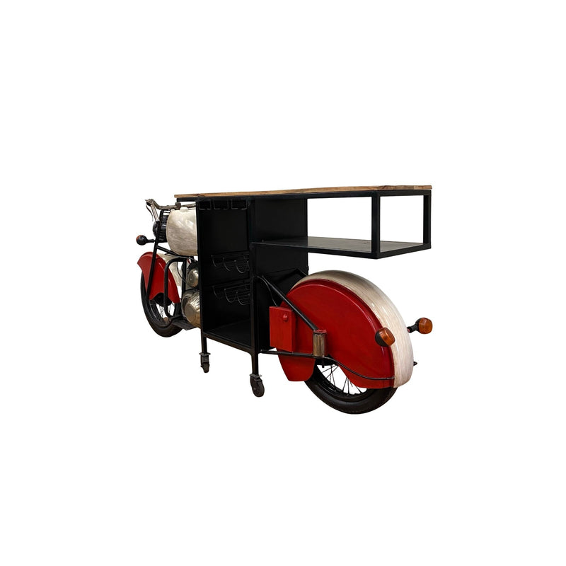Red and Black Metal And Wood Rolling Glider Bike Bar Cart With Wine Storage - Kitchen & Dining