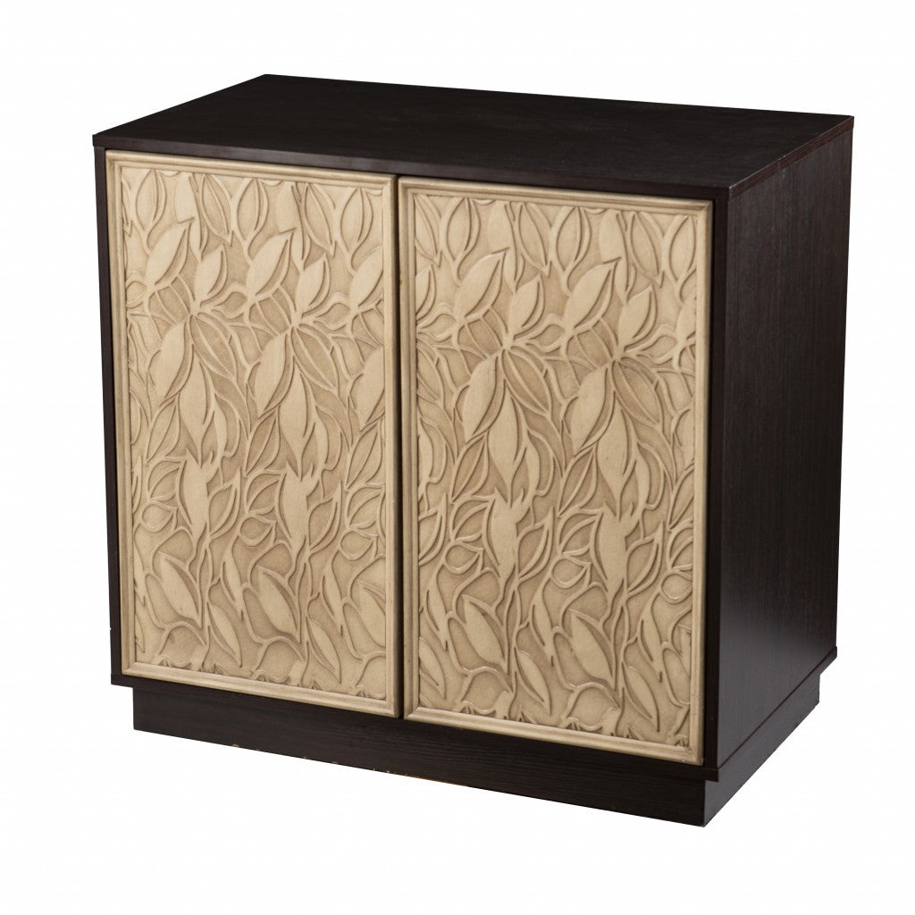32" Dark Brown And Natural Carved Floral Sideboard with Two Doors - Kitchen & Dining