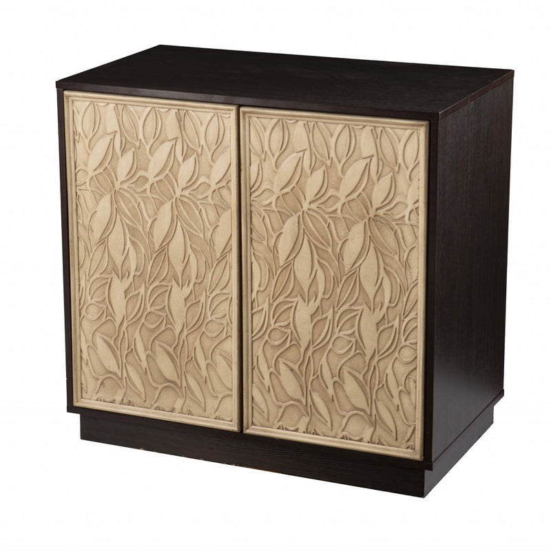 32" Dark Brown And Natural Carved Floral Sideboard with Two Doors - Kitchen & Dining