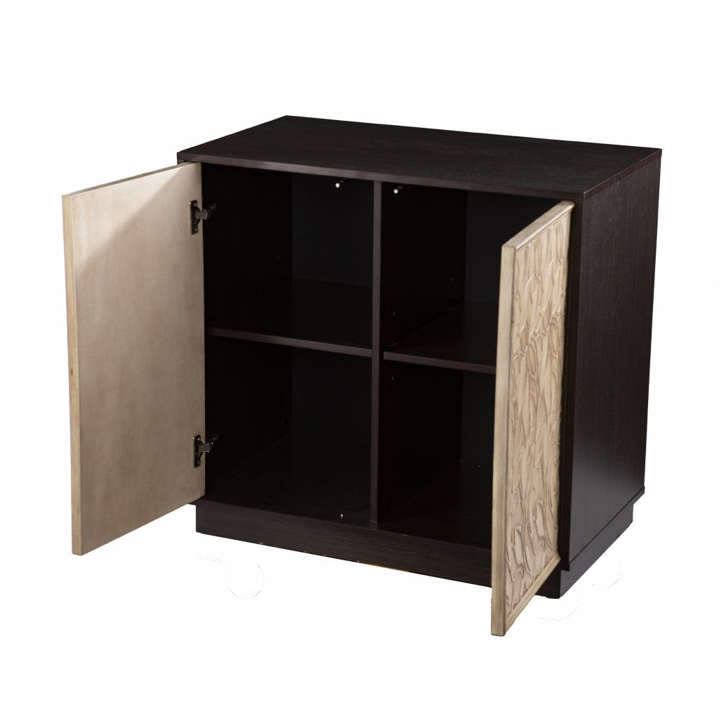 32" Dark Brown And Natural Carved Floral Sideboard with Two Doors - Kitchen & Dining
