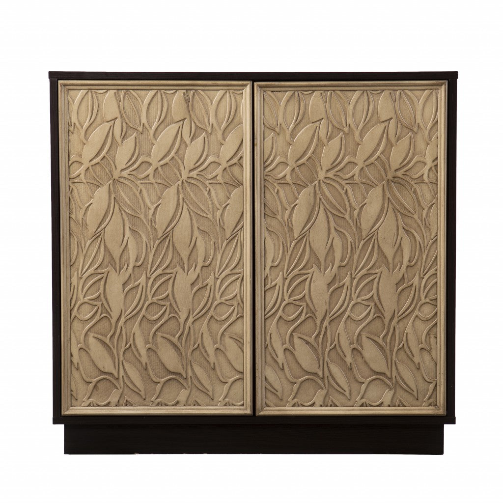 32" Dark Brown And Natural Carved Floral Sideboard with Two Doors - Kitchen & Dining