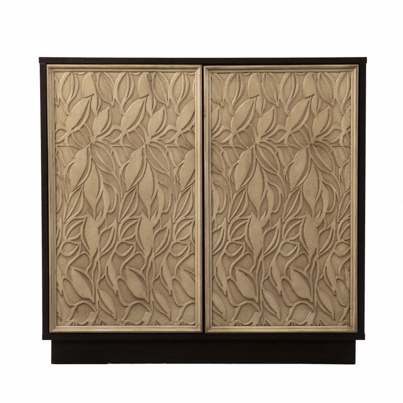 32" Dark Brown And Natural Carved Floral Sideboard with Two Doors - Kitchen & Dining