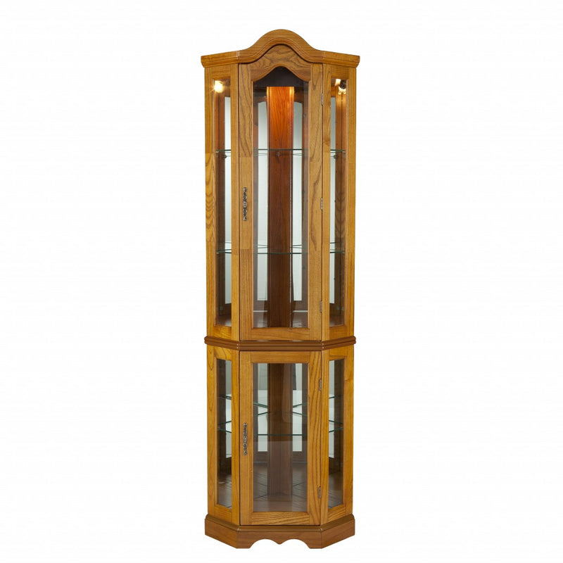 Golden Oak Scallop Top Lighted Corner Curio Cabinet - Kitchen & Dining