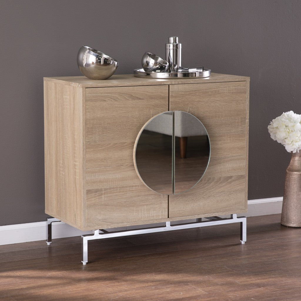 32" Natural and Chrome Mirrored Circle Double Door Bar Cabinet - Kitchen & Dining