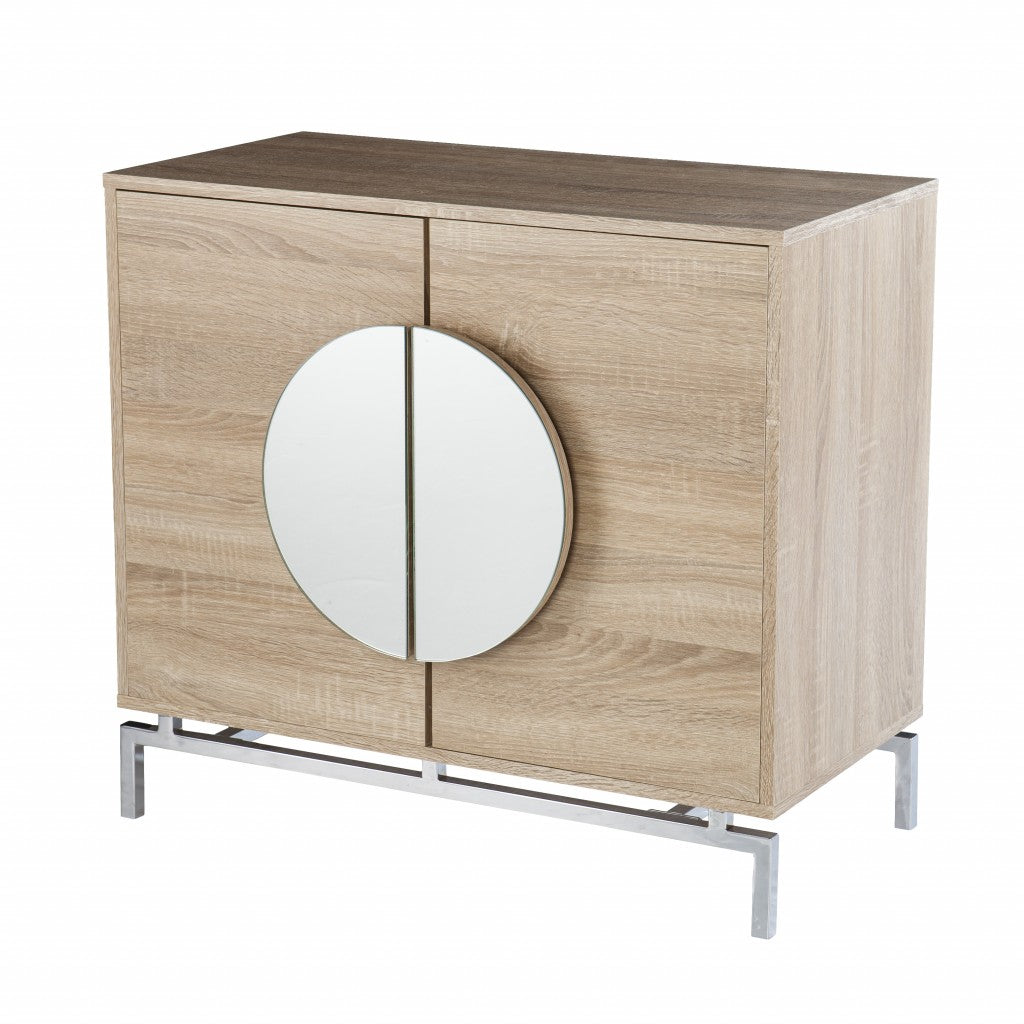 32" Natural and Chrome Mirrored Circle Double Door Bar Cabinet - Kitchen & Dining