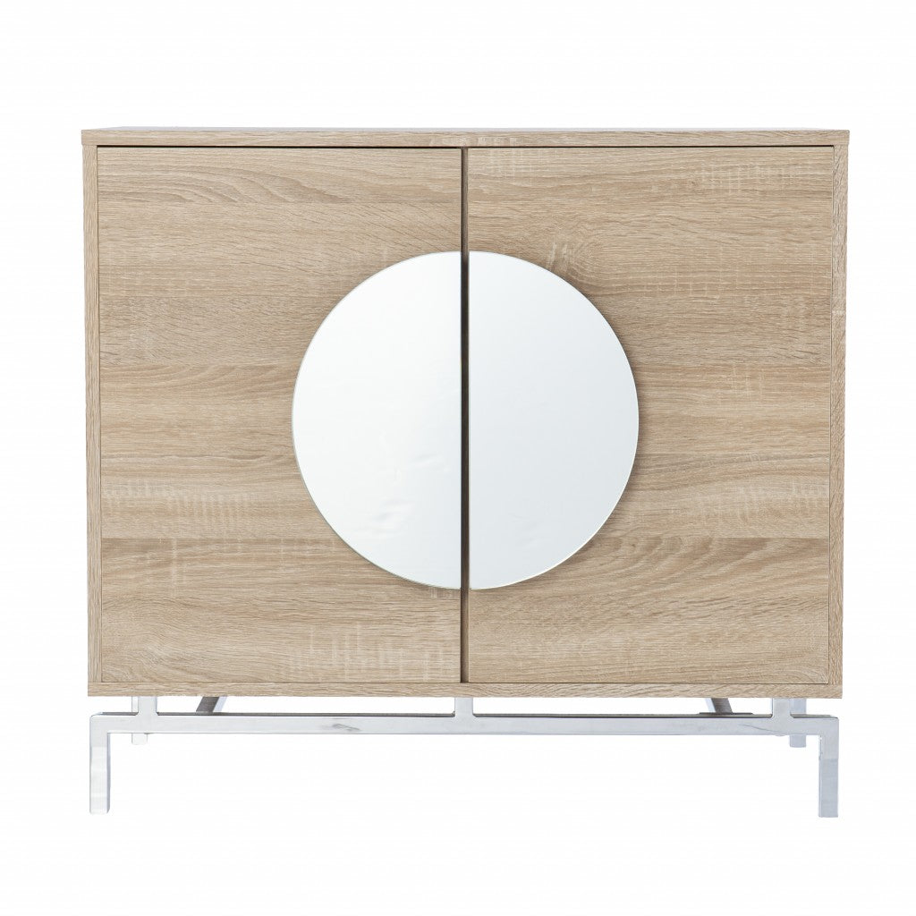32" Natural and Chrome Mirrored Circle Double Door Bar Cabinet - Kitchen & Dining