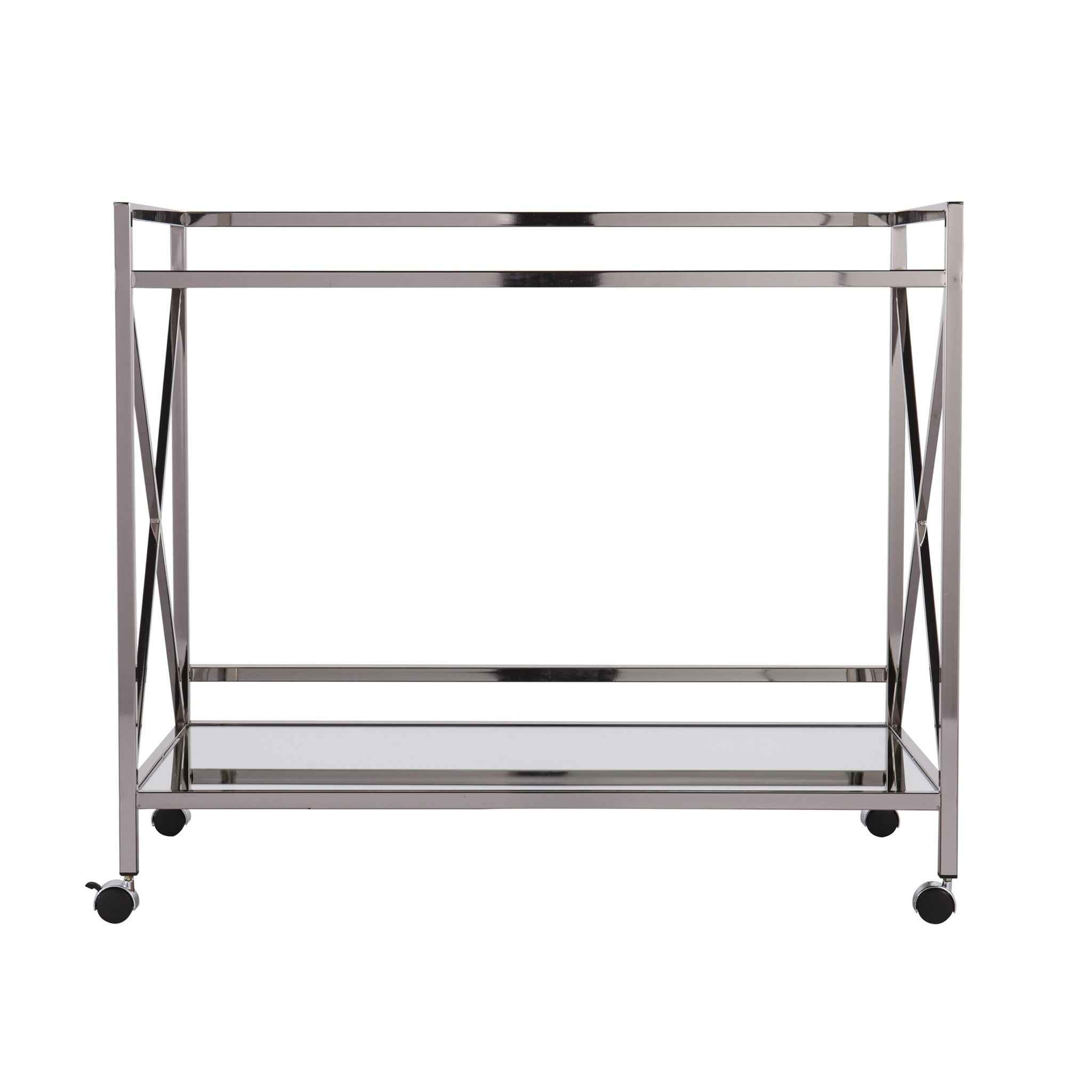 39" Silver Metal and Glass Rolling Bar Cart