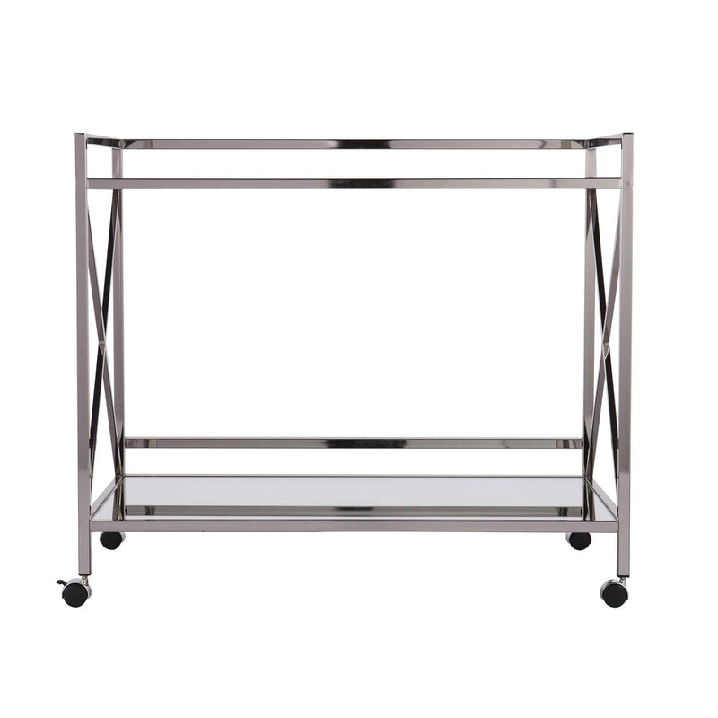 39" Silver Metal and Glass Rolling Bar Cart