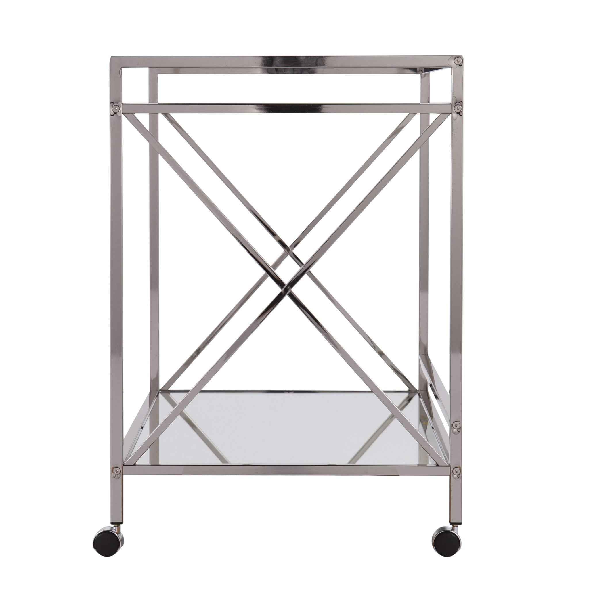 39" Silver Metal and Glass Rolling Bar Cart