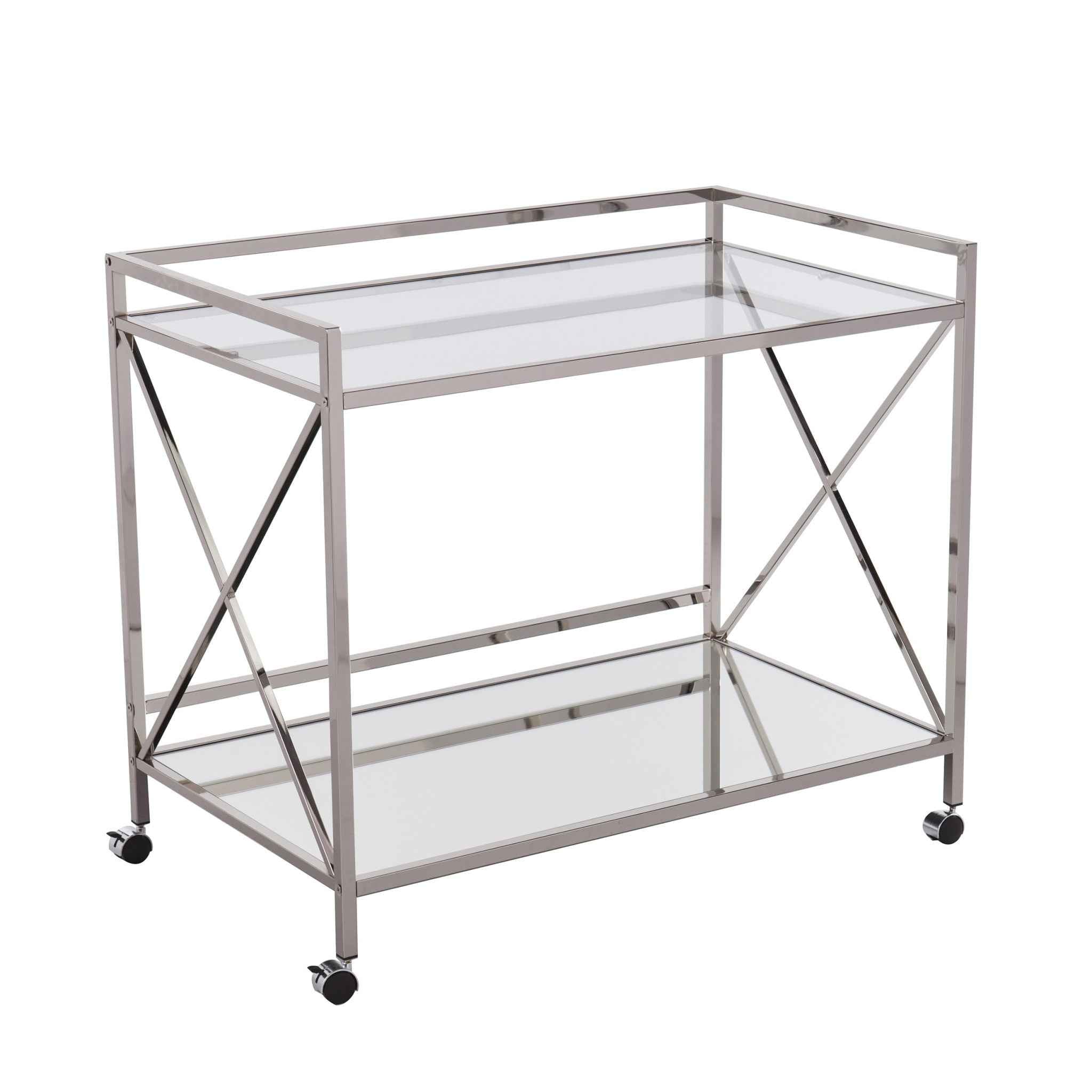 39" Silver Metal and Glass Rolling Bar Cart