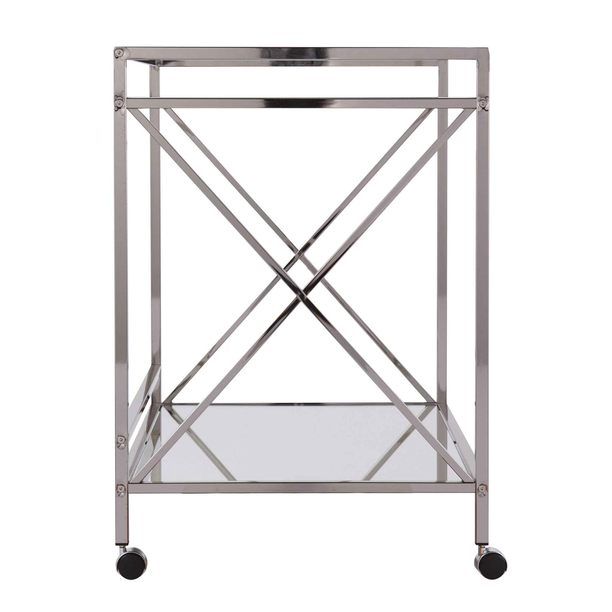 39" Silver Metal and Glass Rolling Bar Cart