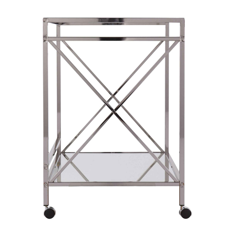 39" Silver Metal and Glass Rolling Bar Cart