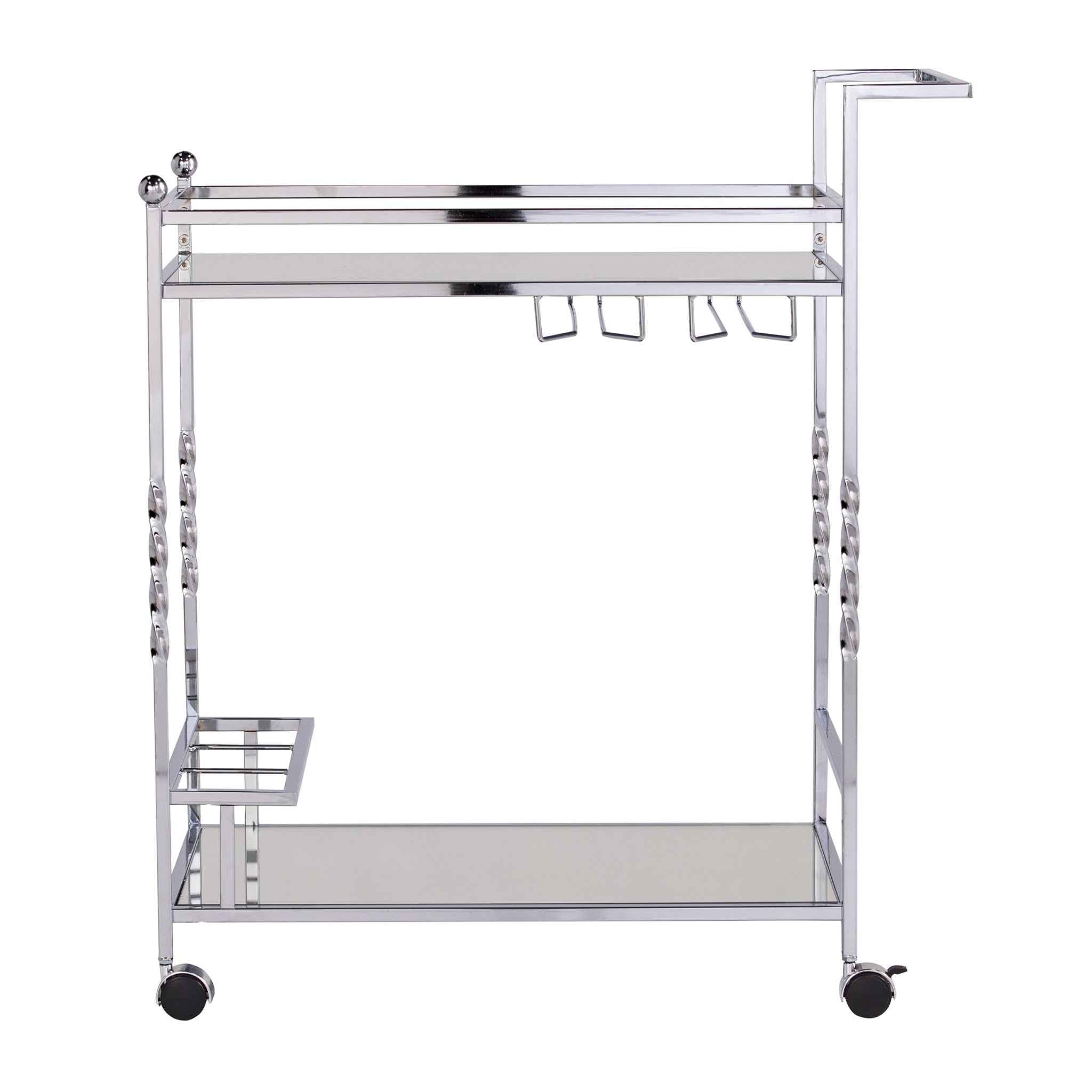 29" Silver Metal and Mirrored Glass Rolling Bar Cart With Wine Storage