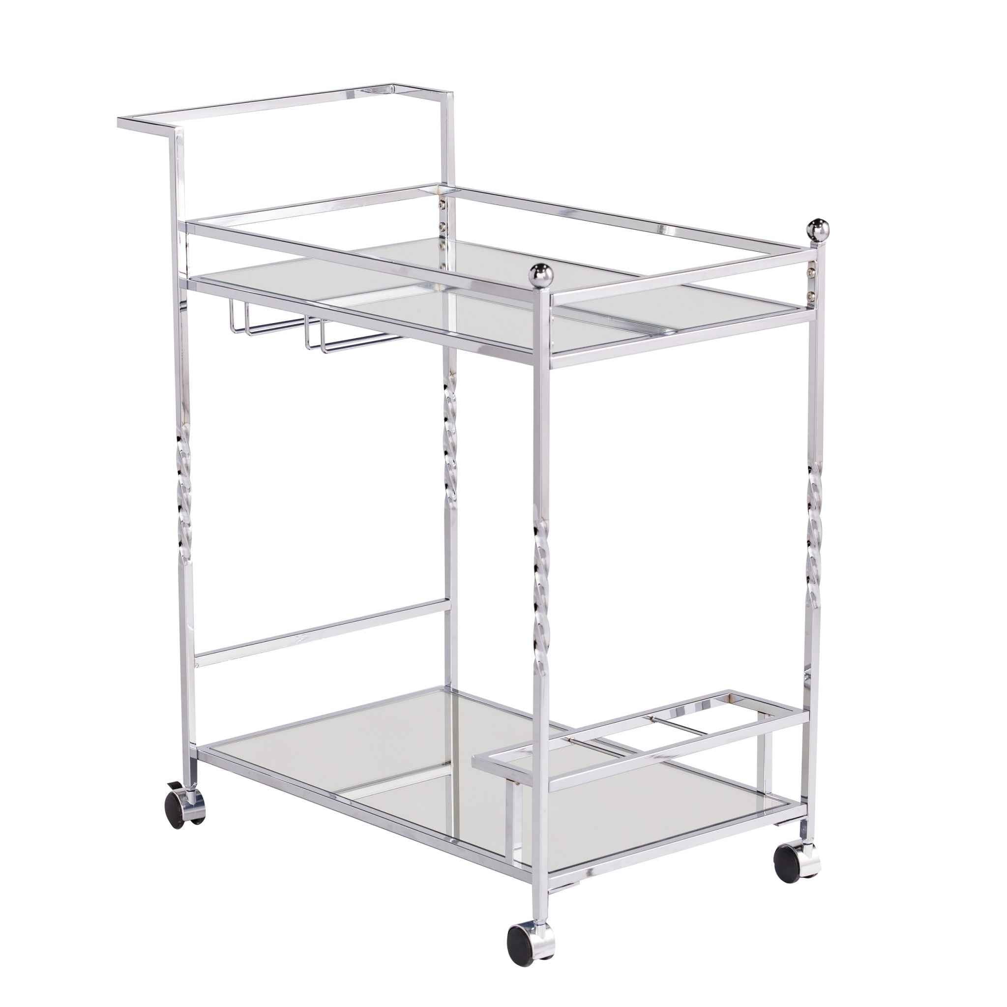 29" Silver Metal and Mirrored Glass Rolling Bar Cart With Wine Storage