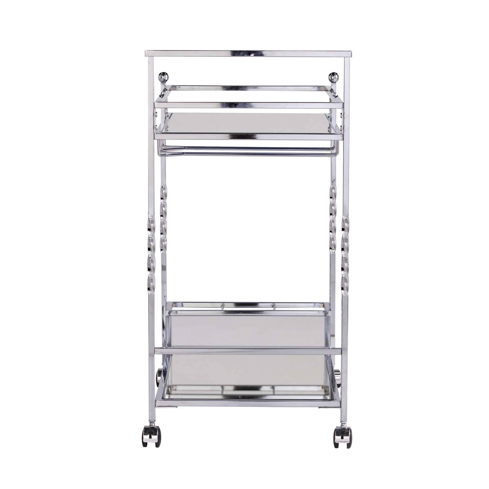 29" Silver Metal and Mirrored Glass Rolling Bar Cart With Wine Storage