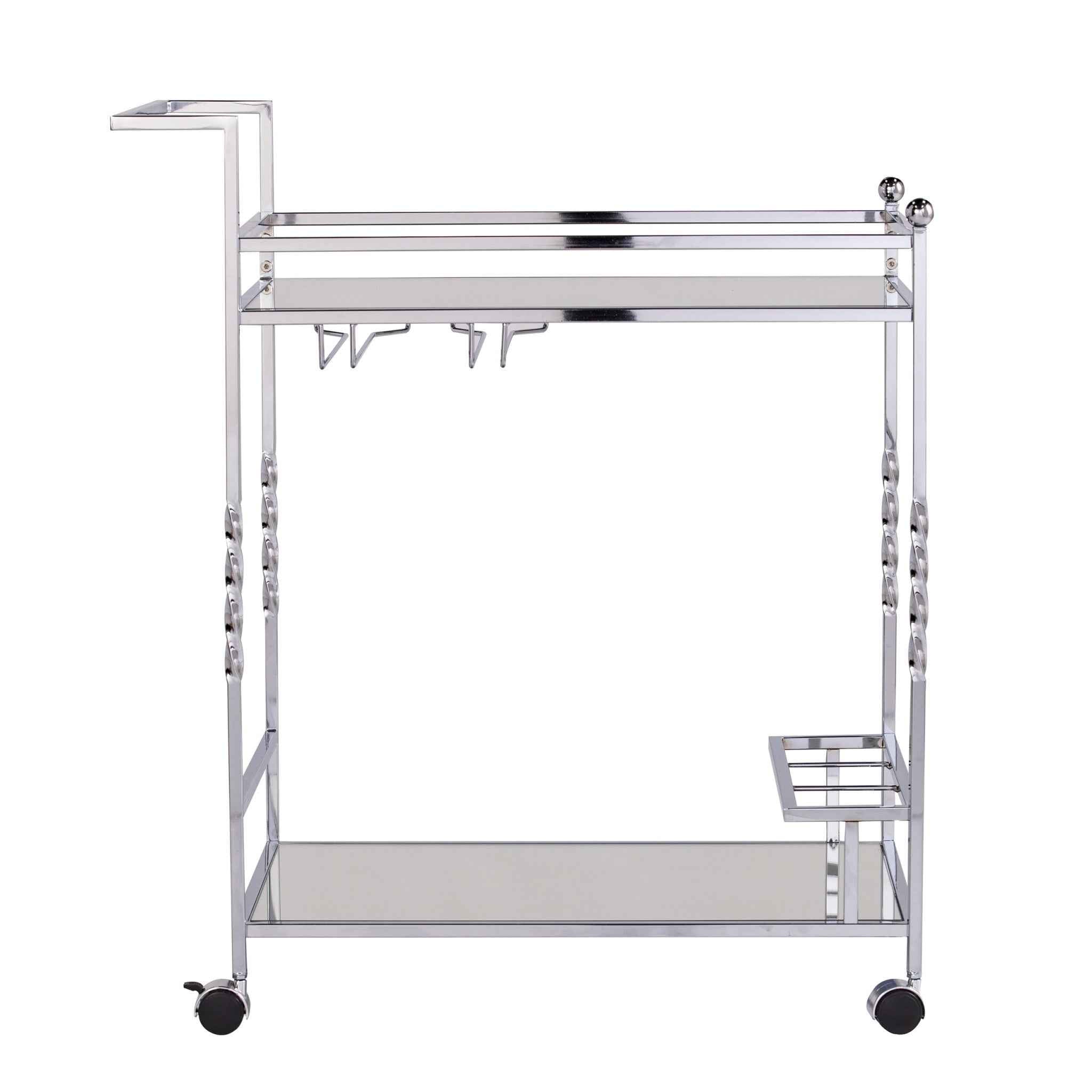 29" Silver Metal and Mirrored Glass Rolling Bar Cart With Wine Storage