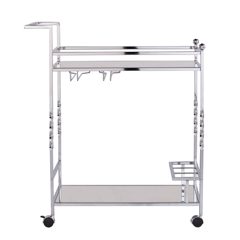 29" Silver Metal and Mirrored Glass Rolling Bar Cart With Wine Storage