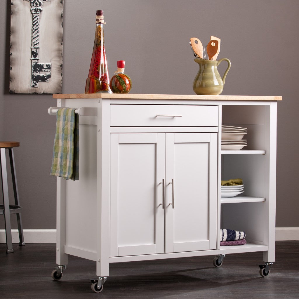 42" Natural and White Butcher Block and Iron Rolling Kitchen Cart With Storage - Kitchen & Dining
