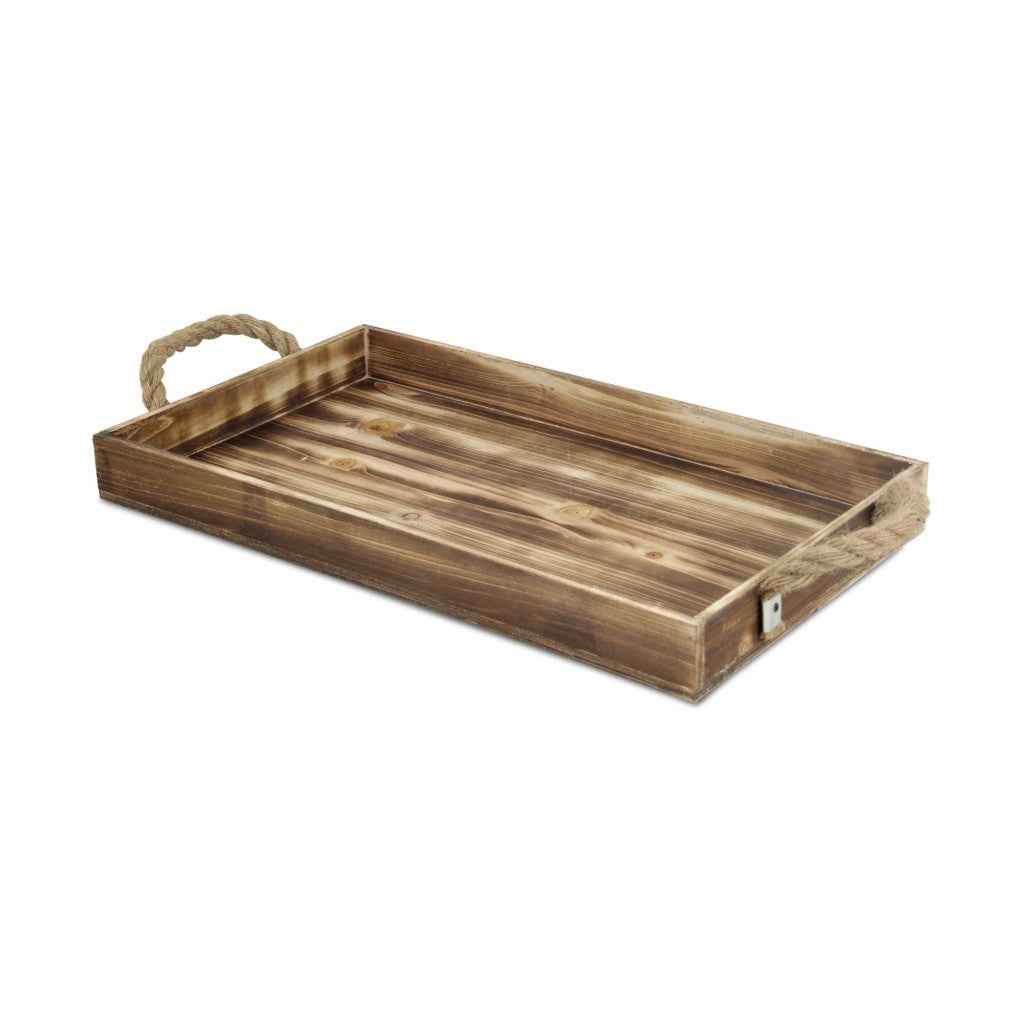 20" Brown Distressed Wood Handmade Serving Tray With Rope Handles