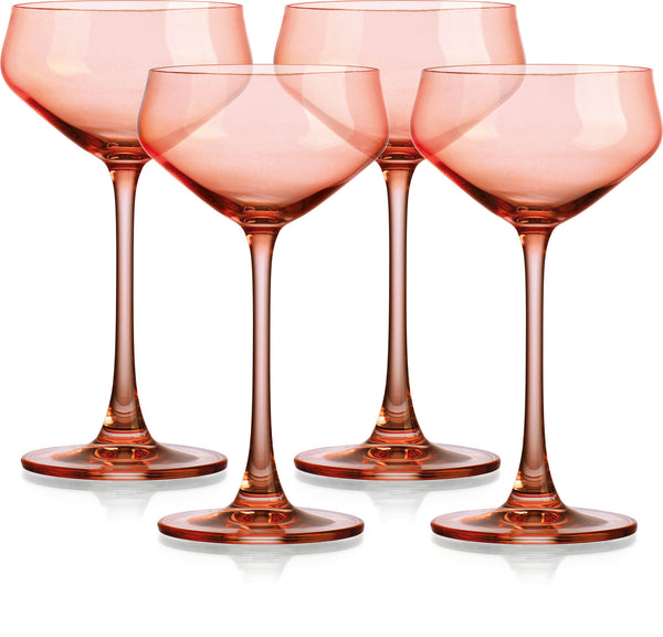 Set of Four Coral Crystal Shallow Bowl Stemmed Coupe - Kitchen & Dining