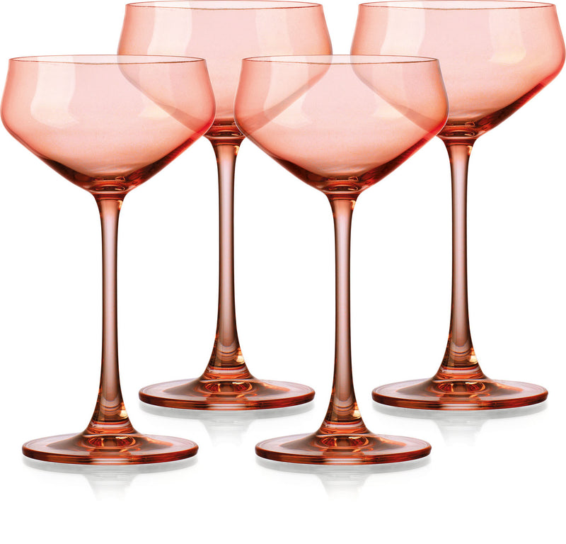 Set of Four Coral Crystal Shallow Bowl Stemmed Coupe - Kitchen & Dining