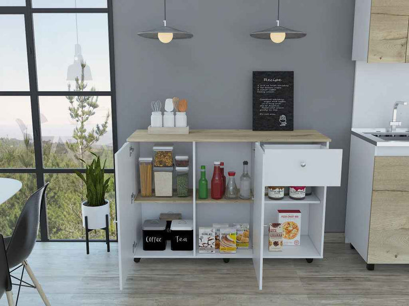 White and Natural 54" Rolling Kitchen Island With Storage