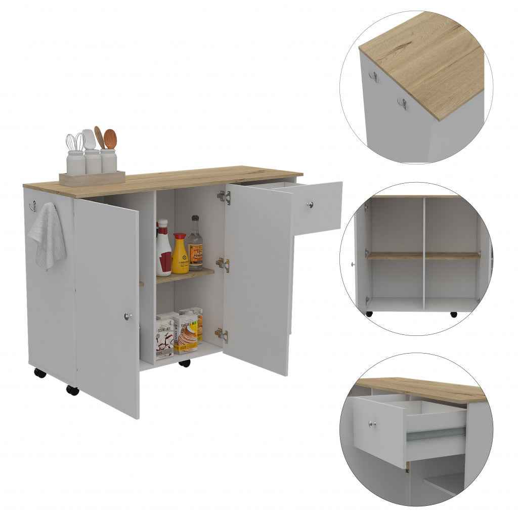 White and Natural 54" Rolling Kitchen Island With Storage