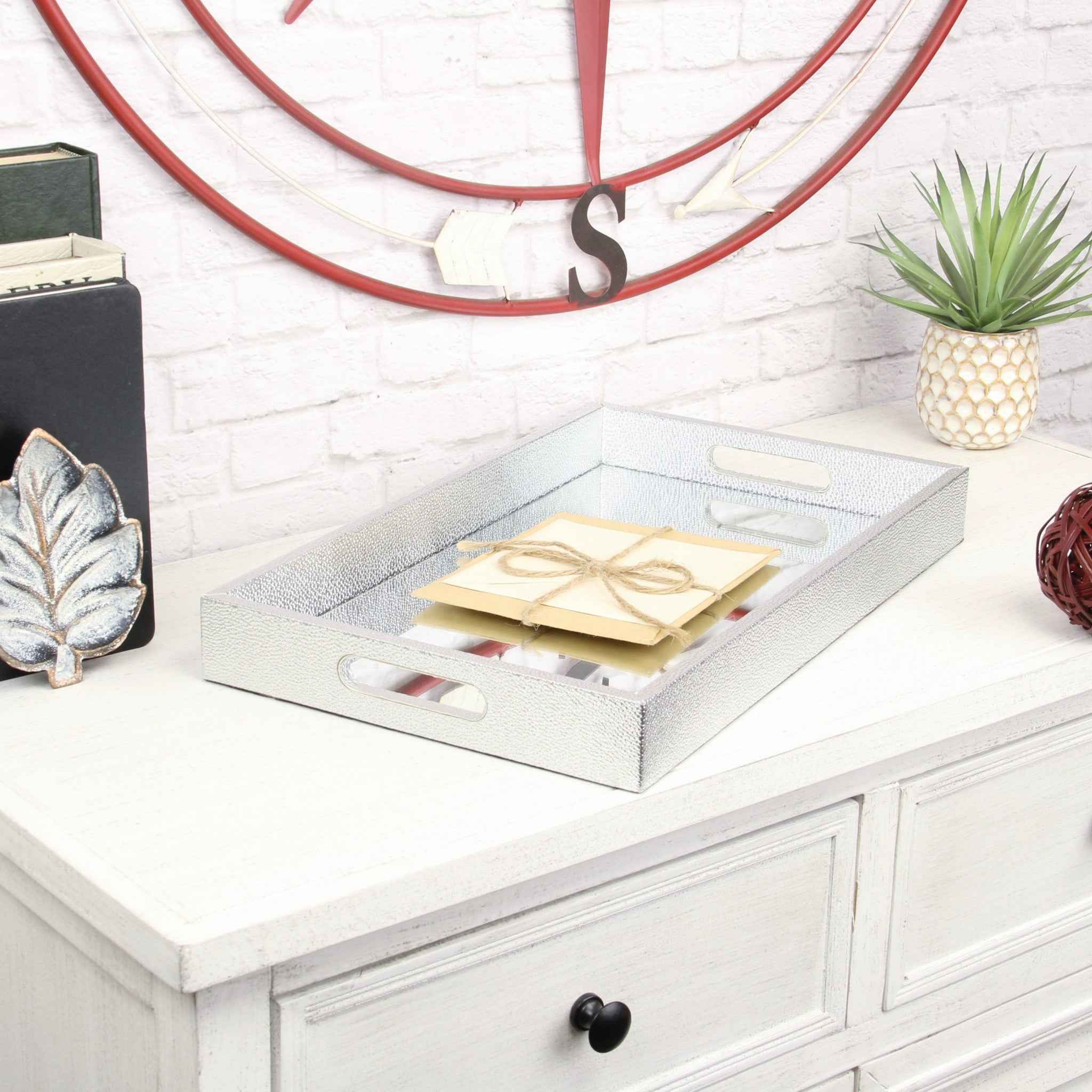 16" Silver Rectangular Wood Handmade Tray With Handles