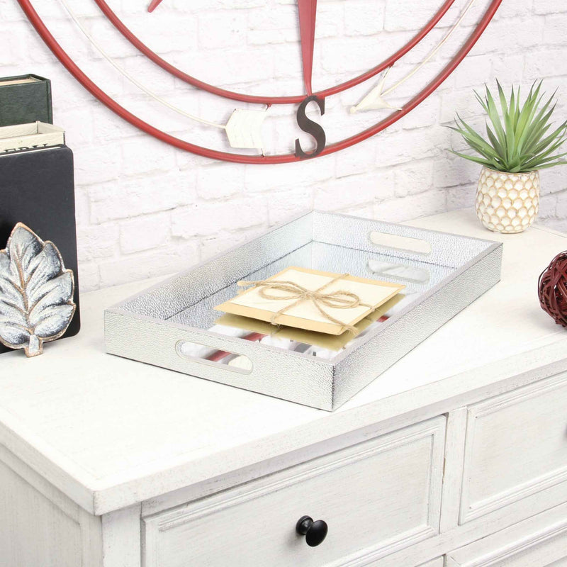 16" Silver Rectangular Wood Handmade Tray With Handles