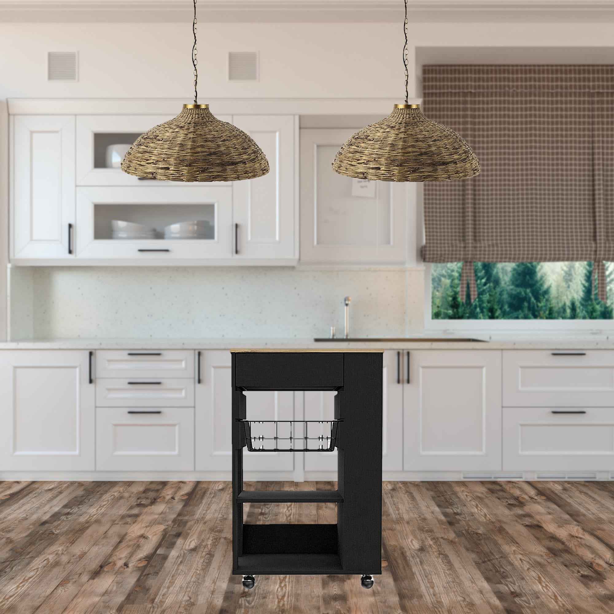 Black and Natural 22" Rolling Kitchen Cart With Storage