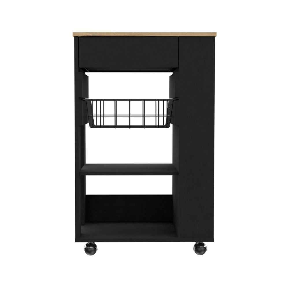 Black and Natural 22" Rolling Kitchen Cart With Storage