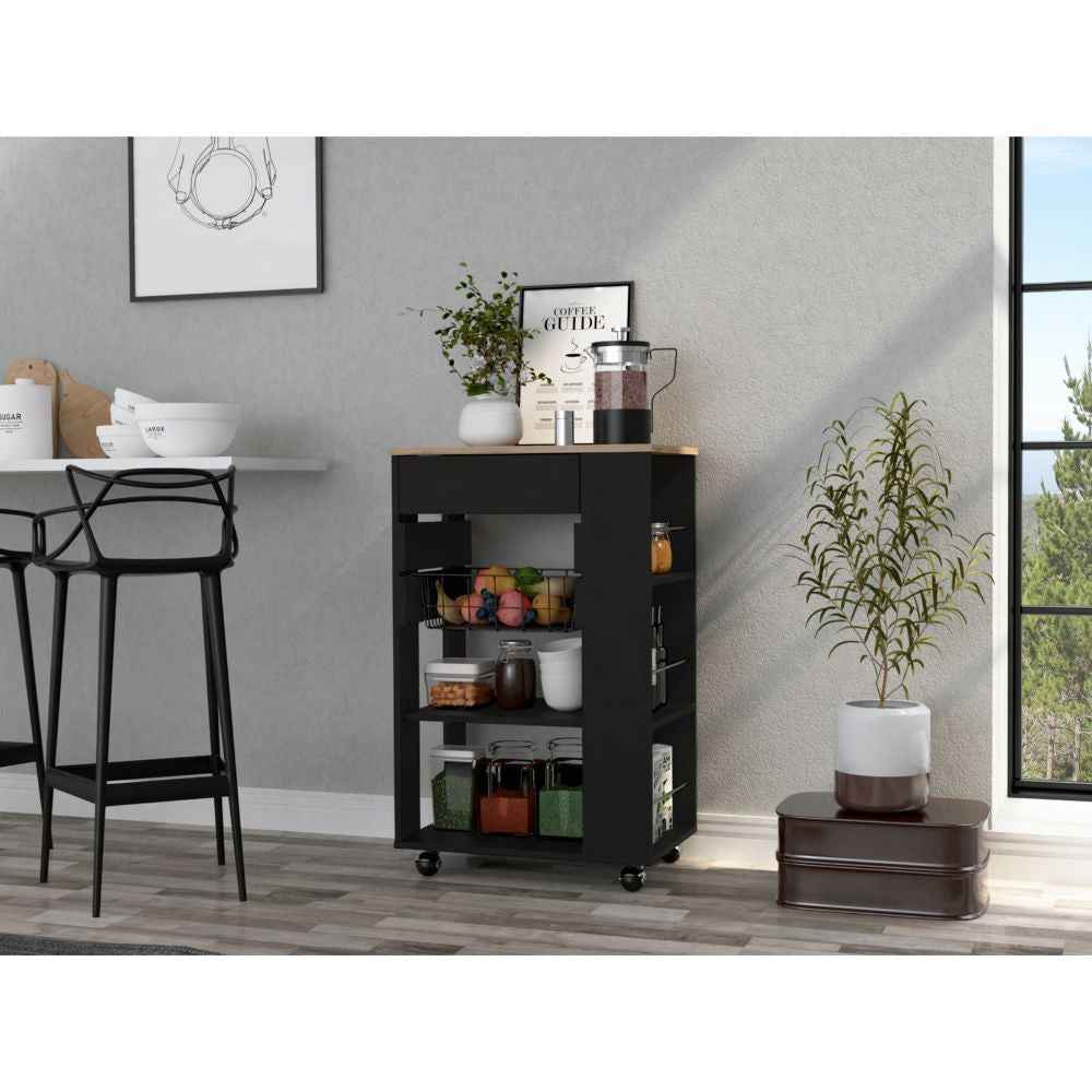 Black and Natural 22" Rolling Kitchen Cart With Storage