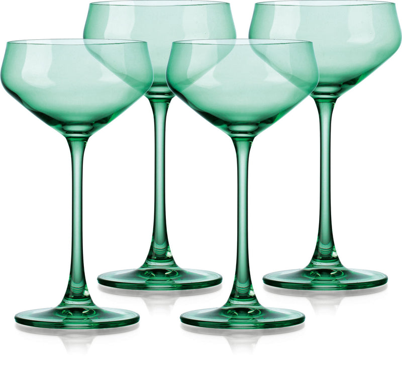 Set of Four Green Crystal Shallow Bowl Stemmed Coupe - Kitchen & Dining