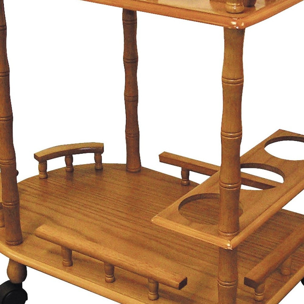 24" Oak Wood Rolling Bar Cart With Wine Storage - Kitchen & Dining