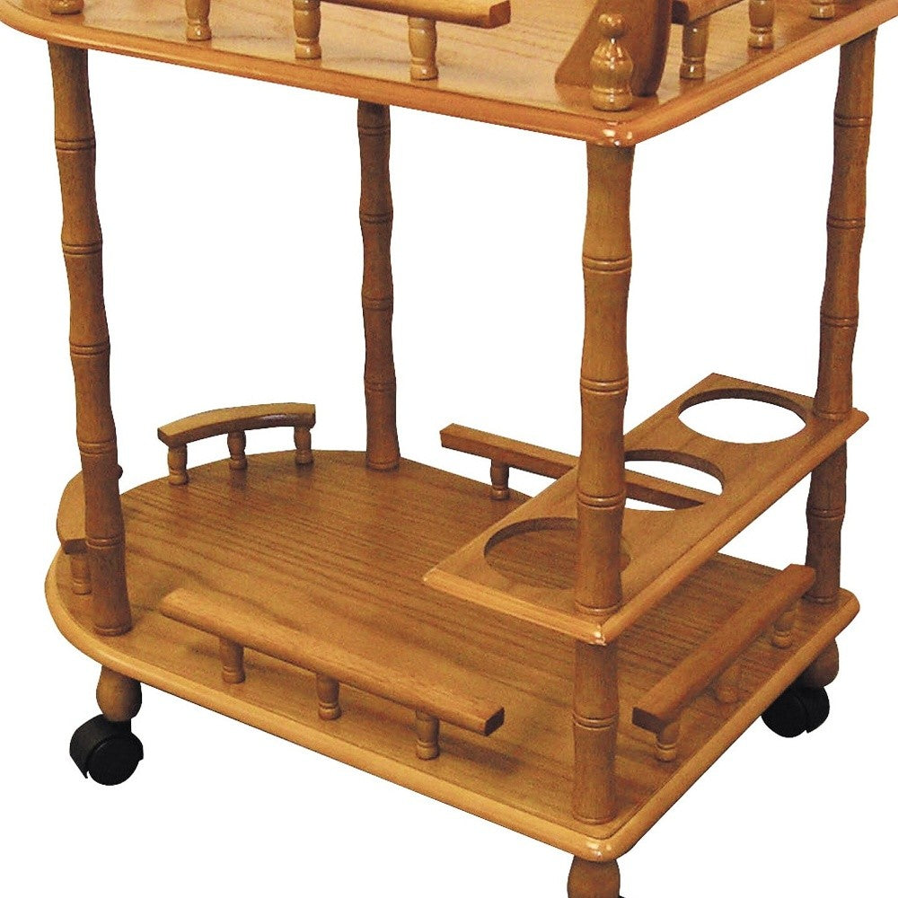 24" Oak Wood Rolling Bar Cart With Wine Storage - Kitchen & Dining