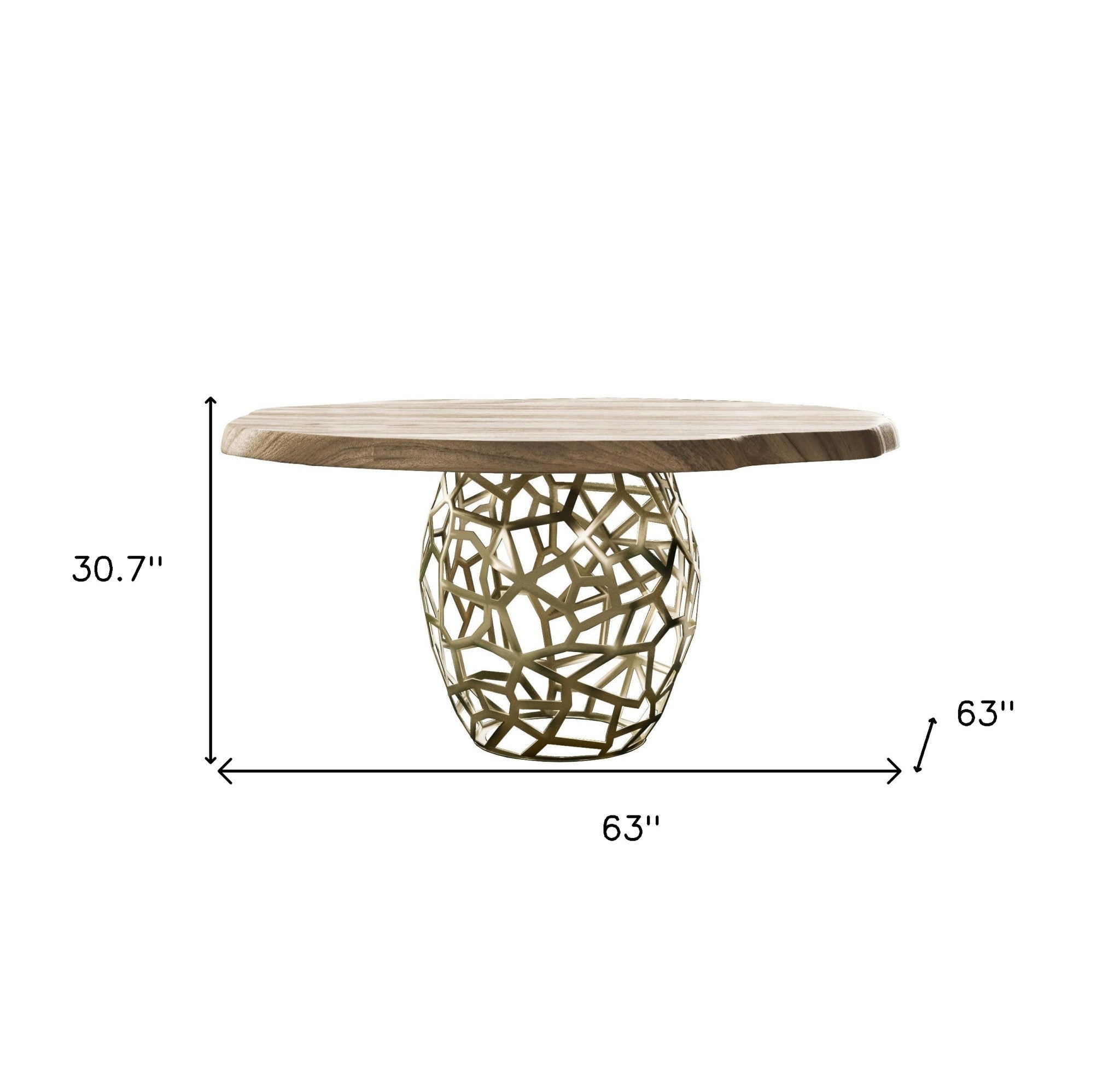 63" Brown And Brass Rounded Solid Wood And Iron Pedestal Base Dining Table - Kitchen & Dining
