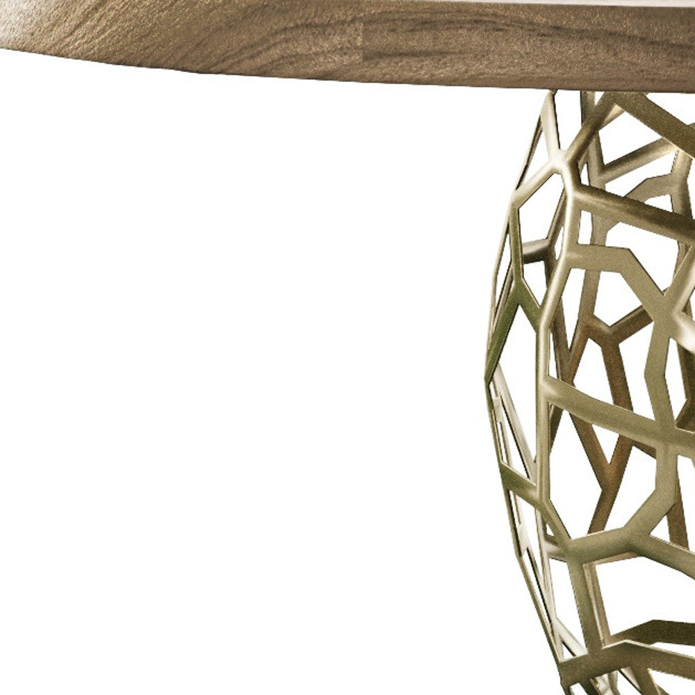 63" Brown And Brass Rounded Solid Wood And Iron Pedestal Base Dining Table - Kitchen & Dining