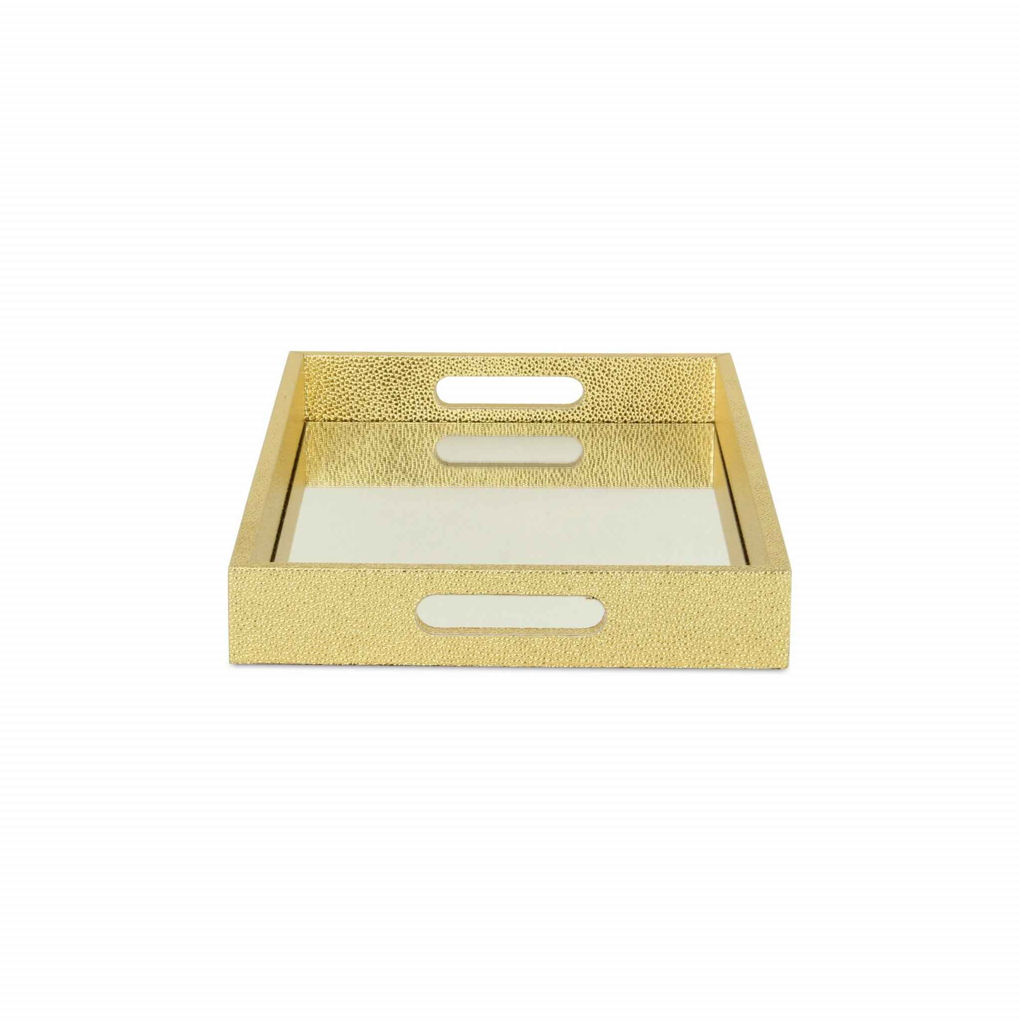 16" Gold Rectangular Wood Handmade Tray With Handles