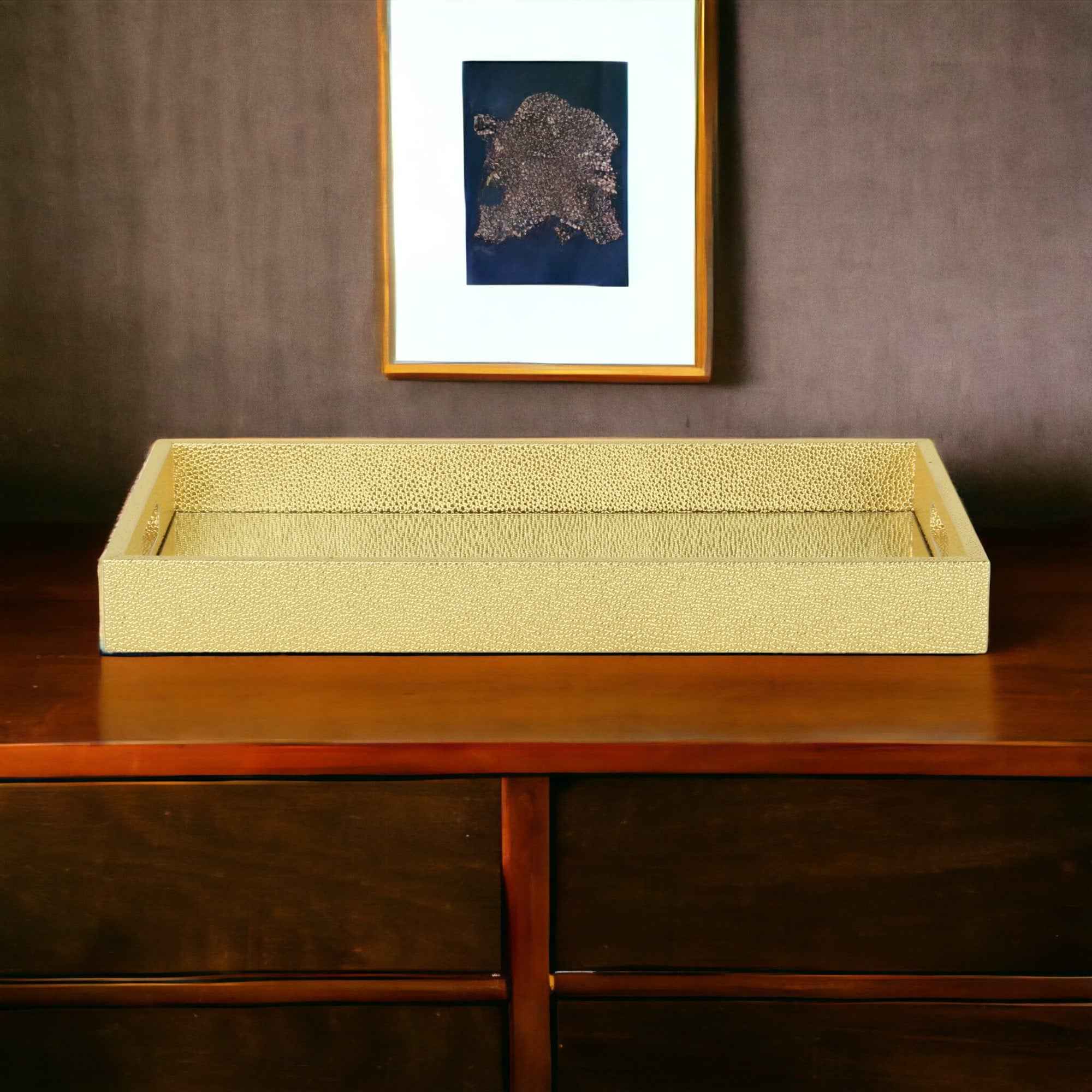 16" Gold Rectangular Wood Handmade Tray With Handles