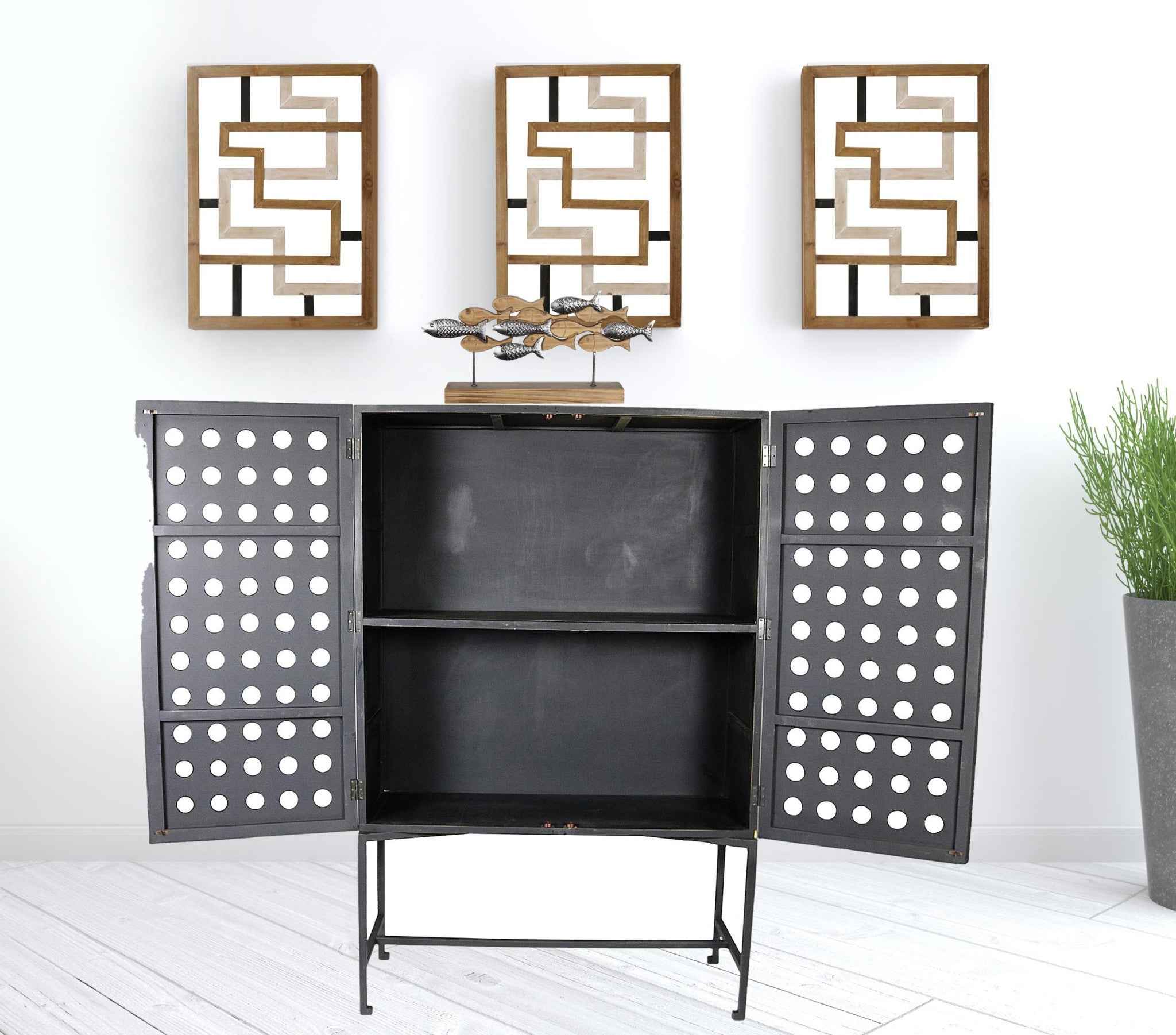 48" Dark Gray Solid Wood and Metal Holey Two Door Accent Chest