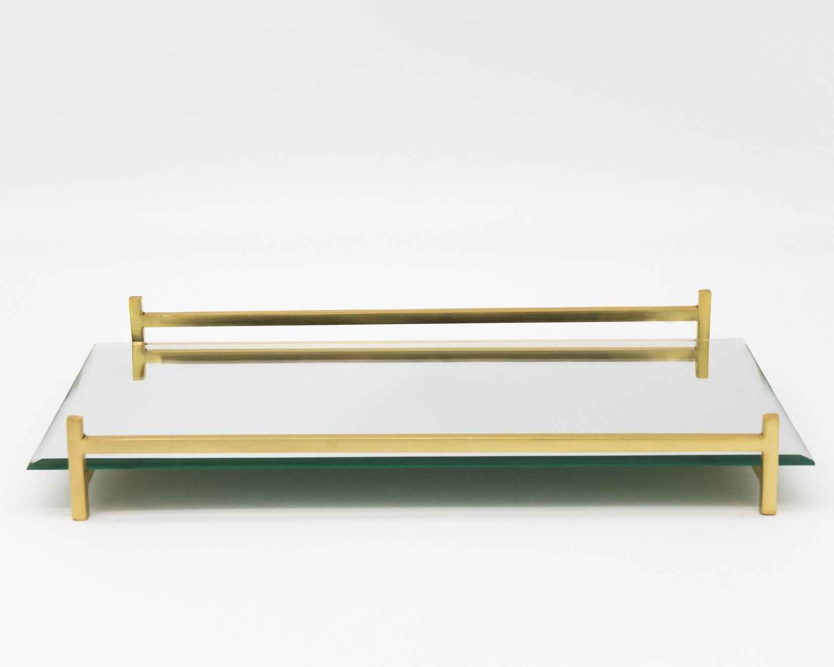 16" Mirror and Gold Rectangular Glass Vanity Tray