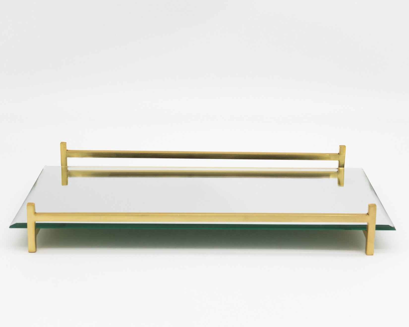 16" Mirror and Gold Rectangular Glass Vanity Tray