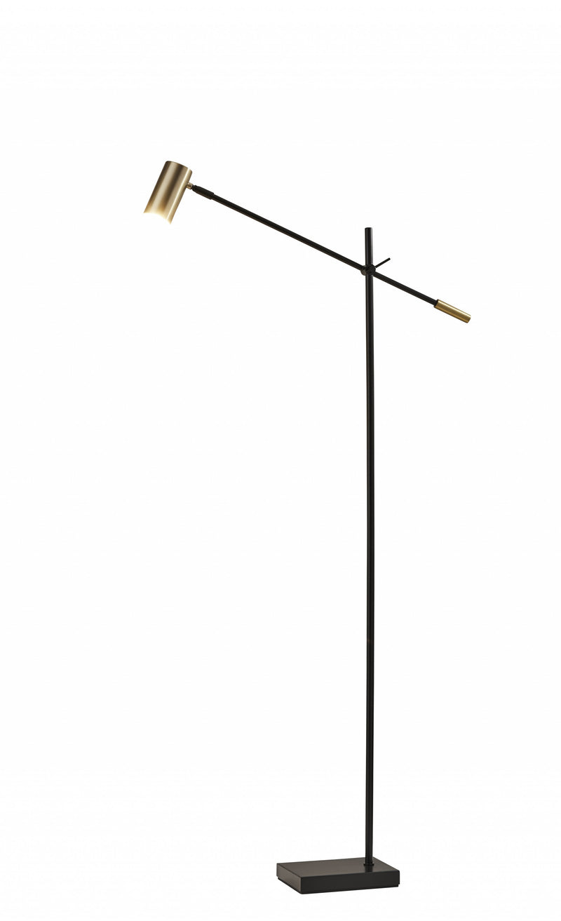 63" Black And Gold Adjustable LED Task Floor Lamp With Antiqued Brass Metal Cylinder Shade - Lighting