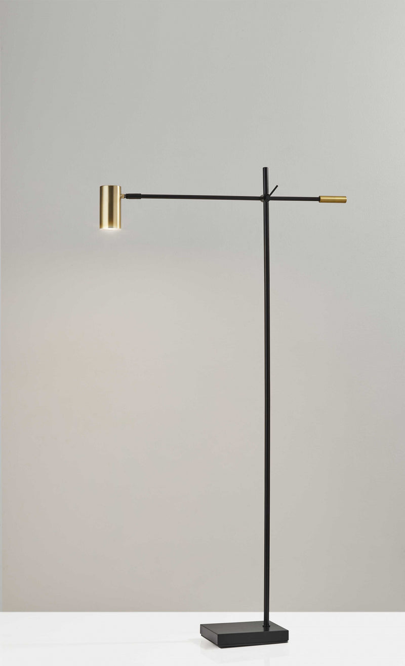 63" Black And Gold Adjustable LED Task Floor Lamp With Antiqued Brass Metal Cylinder Shade - Lighting
