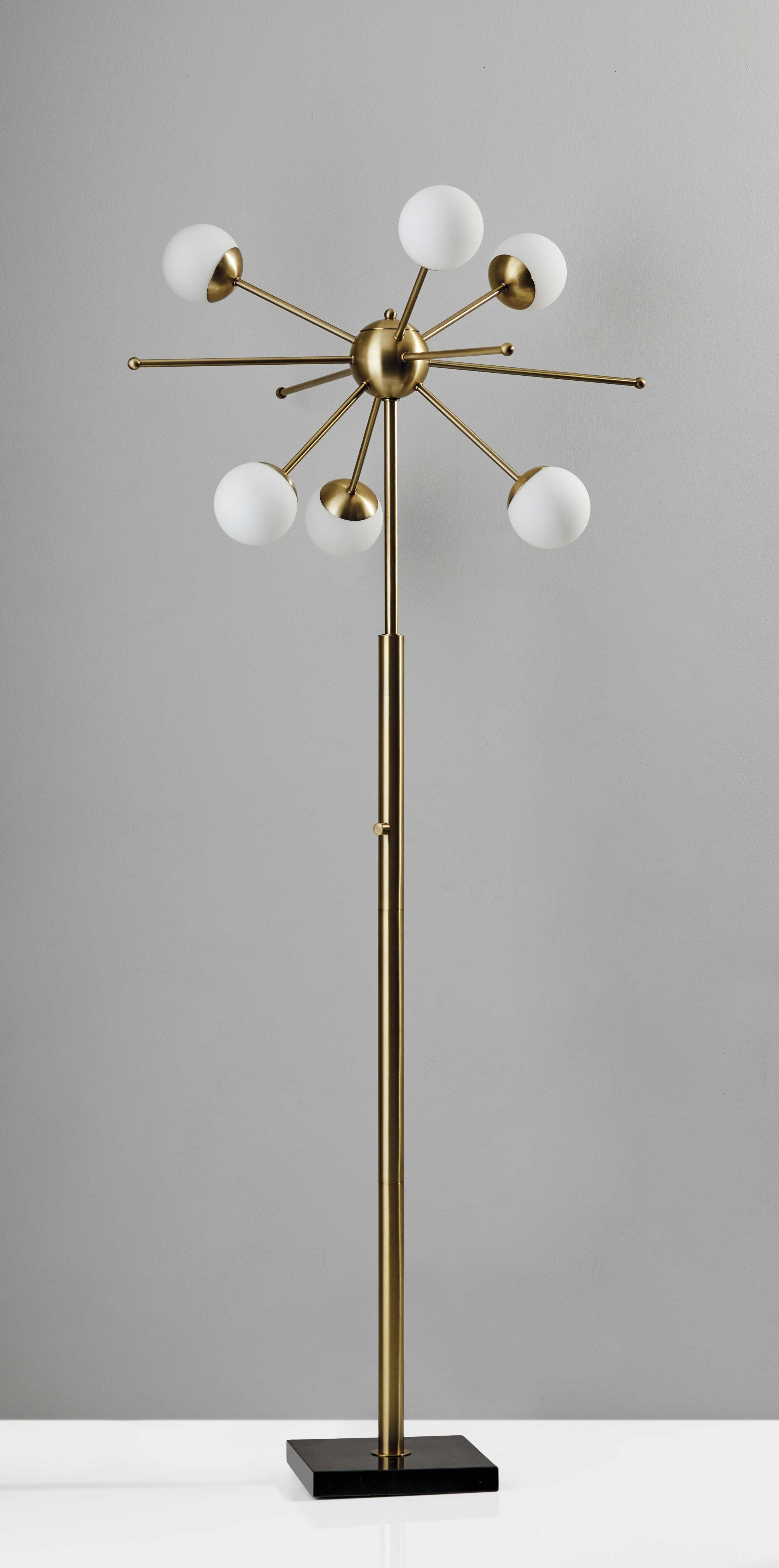 64" Brass Six Light LED Novelty Floor Lamp With White Glass Globe Shades - Lighting