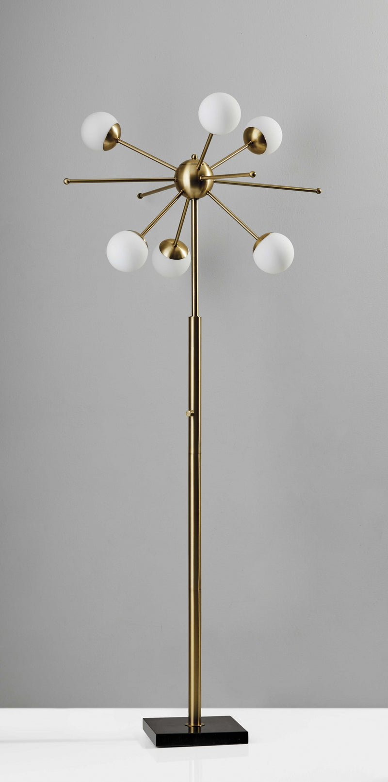 64" Brass Six Light LED Novelty Floor Lamp With White Glass Globe Shades - Lighting
