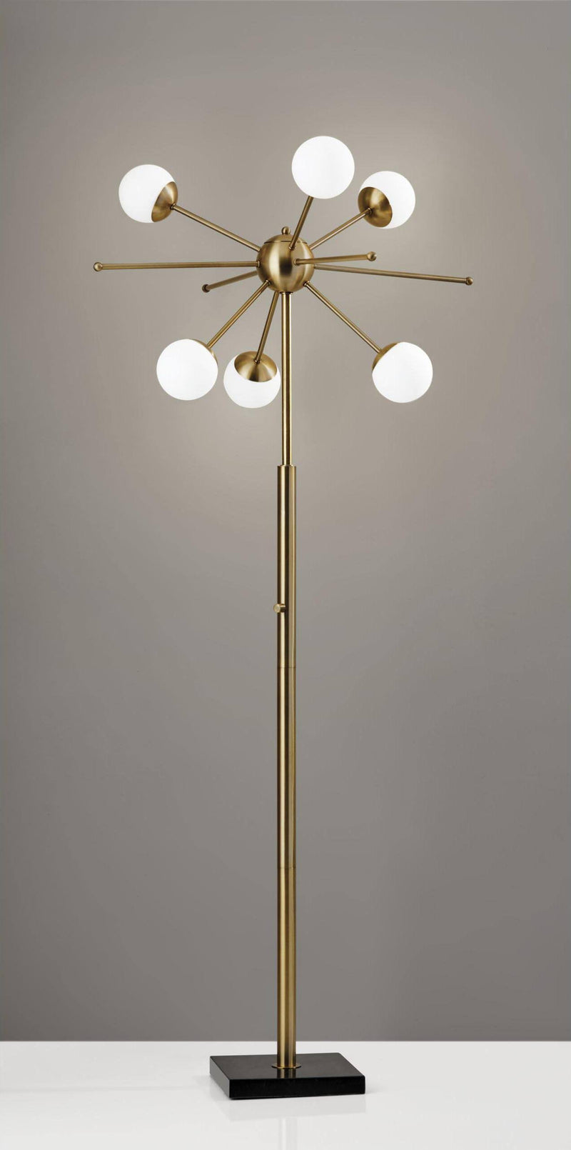64" Brass Six Light LED Novelty Floor Lamp With White Glass Globe Shades - Lighting